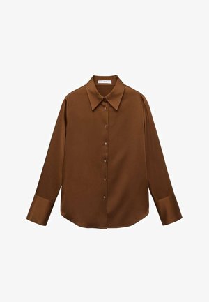 Braun langärmliges Shirt aus glattem Stoff, mit einem spitzen Kragen und einer Knopfleiste mit passenden Knöpfen.