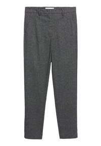 Pantalons gris à motif avec une coupe droite, présentant un devant plat, des poches latérales et une fermeture à crochets en métal. Le tissu a une finition texturée.