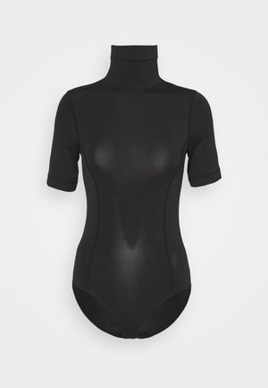 Zwart nauwsluitend bodysuit met korte mouwen en een hoog coltrui-kraag op een effen witte achtergrond.