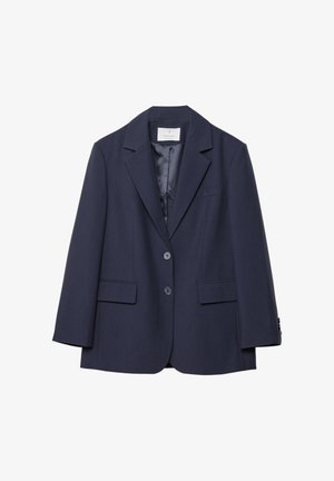 Blazer navy realizzato in un tessuto liscio, con rever a scollo a V, due tasche frontali, chiusura a due bottoni e spalle ben strutturate.