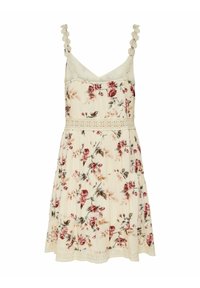 Robe florale en tissu crème, avec des bretelles réglables, une taille élastiquée et une finition en dentelle. Présente des motifs floraux roses et verts sur l'ensemble.