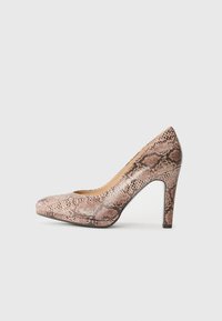 Pink and brown snakeskin high heel pump with a rounded toe, smooth texture, and a slender 4-inch stiletto heel.