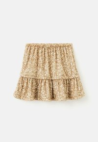Mini sukňa zo zlatých flitrov s nariaseným elastickým pásom a dvoma volánovými vrstvami, s lesklými, reflexnými povrchmi a textúrovaným vzhľadom.