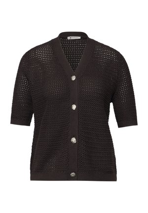 Cardigan noir à manches courtes en maille avec une ouverture ajourée, col en V, bords côtelés et quatre gros boutons marbrés sur le devant.