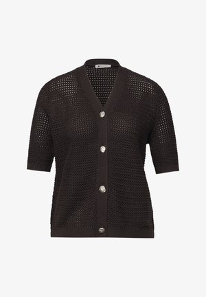 Musta lyhythihainen neulejakku avoimella kudonnalla, V-aukolla, resorireunoilla ja neljällä suuressa marmorikuvioisella napilla edessä.