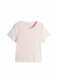 T-shirt rosa chiaro a coste con colletto rotondo e maniche corte. I bordi delle maniche sono ondulati e il tessuto appare morbido e liscio.