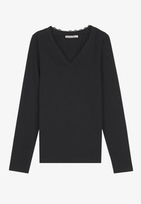 Čierne tričko s dlhým rukávom, výstrih do V s čipkovaným lemom, vyrobené z textúrovaného materiálu pre priliehavý strih, s priliehavými rukávmi a lemom.