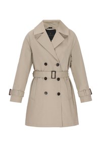 Trench coat beige de doble botonadura con cinturón, cuello ancho y puños con botones. Hecho de tela lisa con dos bolsillos laterales y botones oscuros.