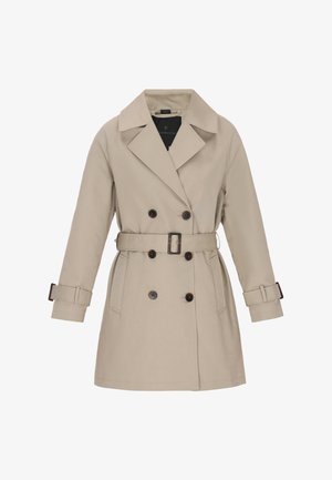 Trench coat doppiopetto color beige con cintura, ampio colletto e polsini con bottoni. Realizzato in tessuto liscio con due tasche laterali e bottoni scuri.