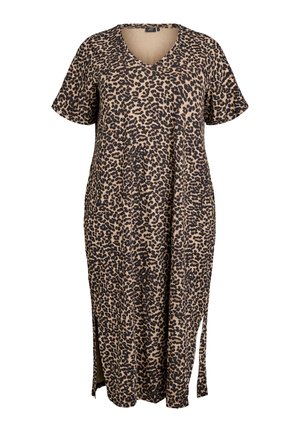 Robe en imprimé léopard en tissu doux, avec un décolleté en V, des manches courtes et des fentes sur les côtés pour plus de liberté de mouvement. Couleur : beige et noir.