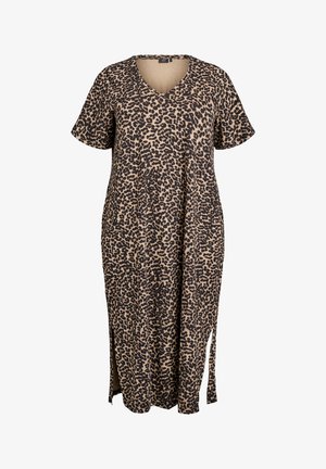 Leopardmuster-Kleid aus weichem Stoff, mit V-Ausschnitt, kurzen Ärmeln und seitlichen Schlitzen für Bewegungsfreiheit. Farbe: Beige und Schwarz.
