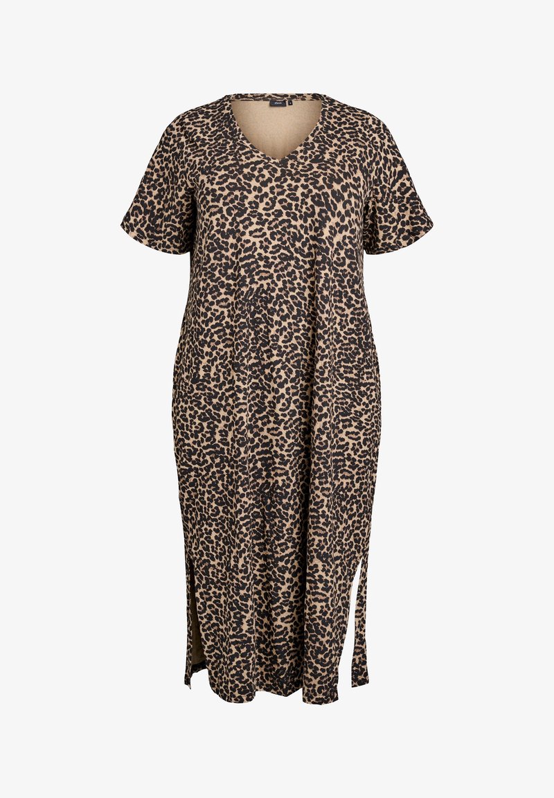 Sukienka w panterkę, wykonana z miękkiego materiału, z dekoltem w kształcie litery V, krótkimi rękawami i bocznymi rozcięciami dla większej swobody ruchów. Kolor: beżowy i czarny.