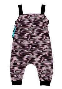 Črn in roza zebra-štampani romper z širokimi ramenskimi trakovi, nabranimi detajli in črnimi manšetami na gležnjih. Mehak, elastičen material.