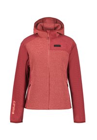Veste à capuche rouge en tissu texturé, avec fermeture éclair à l'avant et deux poches latérales zippées. Logo affiché sur la poitrine et la manche.