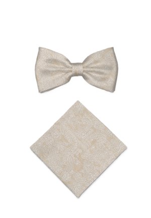 Beige Fliege mit Paisley-Muster, kombiniert mit einem passenden Einstecktuch auf weißem Hintergrund.