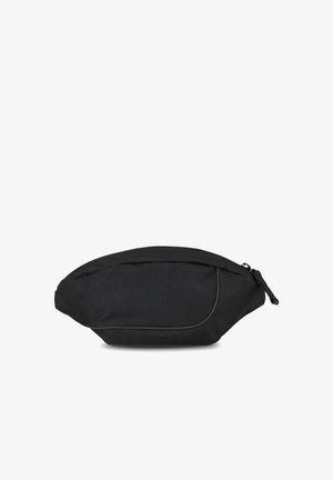 Black fabric pouch with a curved shape, zip closure, and subtle piping detail. Textured surface, no visible patterns or accents.