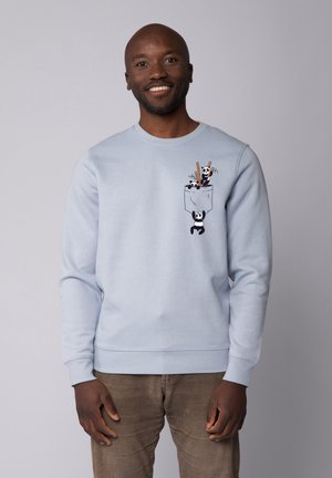 Lichtblauwe sweatshirt met een ronde hals, voorzien van een geborduurd zakontwerp met panda's, eetstokjes en bladeren. Zachte stof, casual pasvorm.