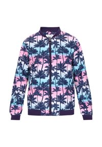 Jachetă bomber cu un imprimeu vibrant cu palmieri în nuanțe de bleumarin, roz și albastru, cu guler și manșete uniforme bleumarin și sistem de închidere cu fermoar în față.