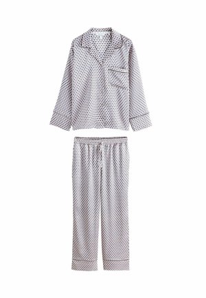 Langærmet pyjamasskjorte med knapper og krave samt matchende bukser med elastisk talje i et lille geometrisk mønster med mørke kanter.