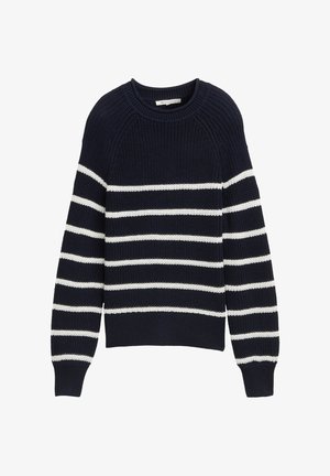 Navy genser med hvite horisontale striper, ribbestruktur, rund hals og raglanermer. Laget av strikket stoff.