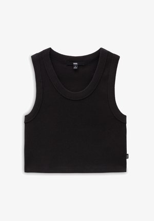 Zwarte geribbelde tanktop met een ronde hals en ruime armsgaten. Heeft een label met "VANS" aan de onderzijde aan de rechterkant. Gemaakt van rekbaar materiaal.