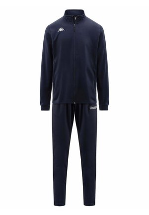 Giacca sportiva blu navy con zip intera e pantaloni abbinati con loghi Kappa bianchi su petto e coscia, polsini elastici sulle maniche.