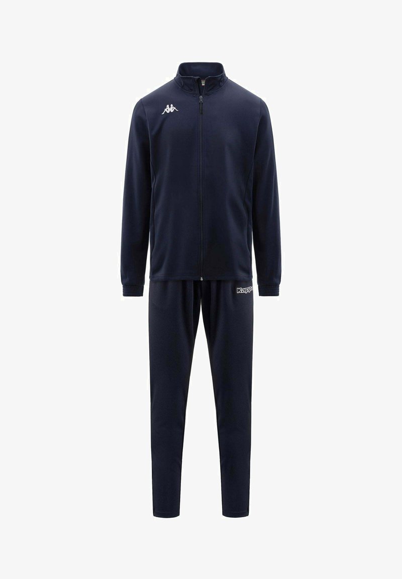 Veste de sport bleu marine zippée intégralement et pantalon assorti avec logos blancs Kappa sur la poitrine et la cuisse, poignets élastiques aux manches.