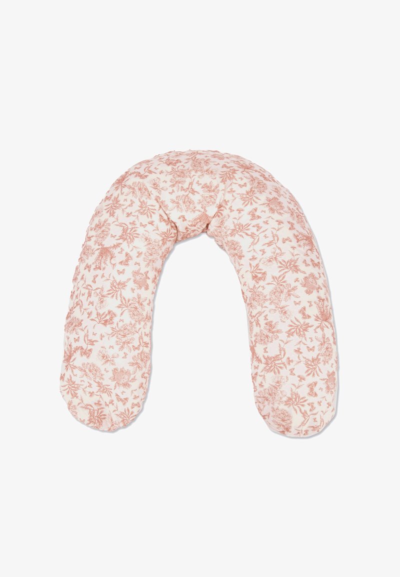 Μαξιλάρι λαιμού από απαλό ύφασμα, σχήμα U. Διαθέτει λουλουδάτο μοτίβο σε απαλό ροζ χρώμα σε ανοιχτό φόντο. Ομαλή υφή, γεμισμένο με αφράτο υλικό.