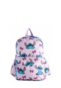 Růžový látkový batoh s potiskem modrých postav Stitche a růžových mašlí. Nastavitelné popruhy a přední kapsa.