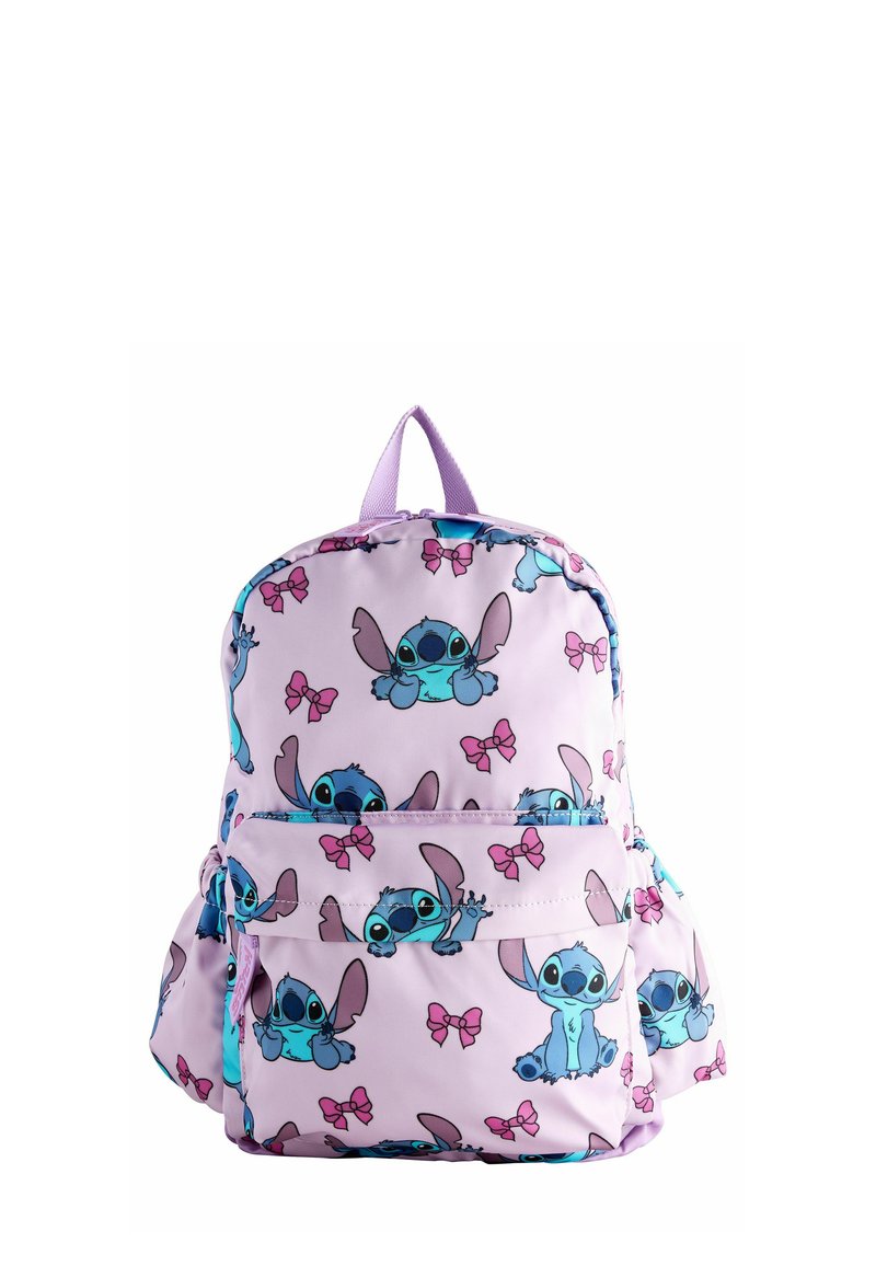 Růžový látkový batoh s potiskem modrých postav Stitche a růžových mašlí. Nastavitelné popruhy a přední kapsa.