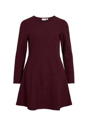 Burgunder-langärmliges Kleid, tailliert mit einem ausgestellten Rock. Hergestellt aus strukturierter Stoff, mit Rundhalsausschnitt und ohne sichtbare Hardware.