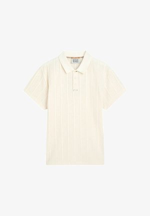 Off-white kortærmet polo med lodret ribbet tekstur, tre-knaps stolpelukning og krave, mærket Scotch & Soda Amsterdam.