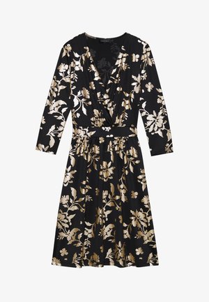Zwart jurkje met gouden bloemenpatroon, voorzien van een V-hals, lange mouwen en een getailleerde taille. Gladde stof met een vloeiende A-lijn silhouet.
