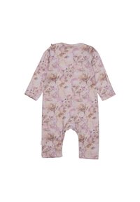 Dětský overal s dlouhými rukávy, s růžovo-bežovým květinovým vzorem, plné nohavice a kulatý výstřih, zobrazen zezadu na bílém pozadí.