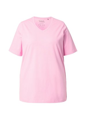 Różowa koszulka z krótkim rękawem w serek, wykonana z miękkiego materiału. Charakteryzuje się luźnym krojem i gładkim wzorem bez wzorów czy akcentów.