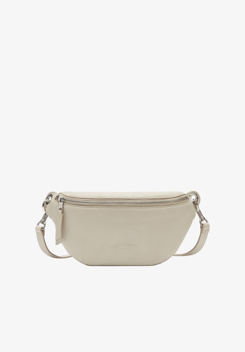 Borsa a tracolla in pelle bianca con forma arrotondata, chiusura con zip e tracolla removibile. Presenta un sottile marchio sul davanti.