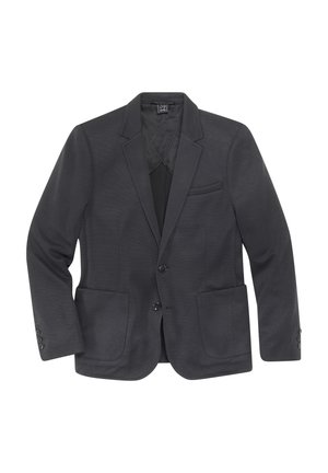 Dunkelgrauer Herrenblazer mit zwei Knöpfen, Revers mit Kerbe, Brusttasche und Klappentaschen vorne, flach auf weißem Hintergrund liegend.