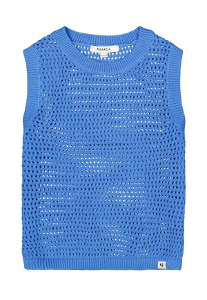 Haut sans manches bleu tricoté avec motif ajouré et encolure côtelée. Comprend une petite étiquette logo à l'ourlet. Tissu léger et respirant.