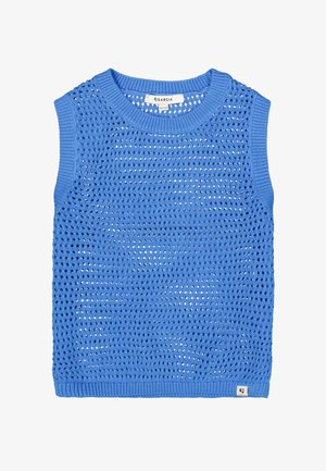 Top azul sin mangas tejido con patrón de calados y cuello de canalé. Cuenta con una pequeña etiqueta con logo en el dobladillo. Tela ligera y transpirable.