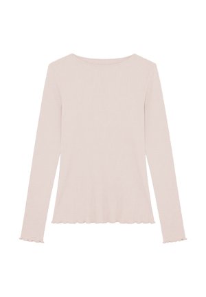 Top a maniche lunghe color crema a coste, con bordi smerlati su orlo e polsini, con scollatura rotonda.