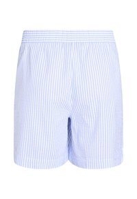 Pantaloni corti a righe in blu chiaro e bianco, con elastico in vita, vestibilità comoda, in morbido cotone, bordi rifiniti e texture sottile.