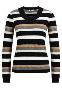 Stickad tröja med lång ärm, med horisontella ränder i svart, vitt, grått och tan. Strukturerat tyg med rundad halsringning.