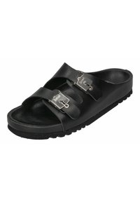 Black slide sandal with two adjustable straps, silver hardware, textured sole, and a cushioned footbed, designed for comfort and ease.