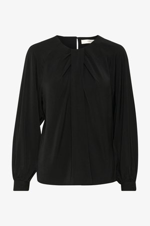 Črna bluzica z dolgimi rokavi, z gubano sprednjo zasnovo, okroglo izrezom in zanko na hrbtni strani. Mehka, gladka tkanina z rahlim sijajem.