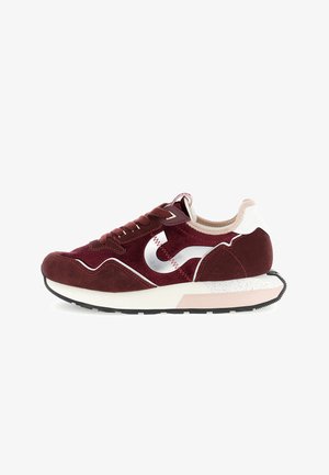 Maroon sneaker with white and silver accents, black sole, suede and fabric materials, and lace-up design, shown in side profile on white background.