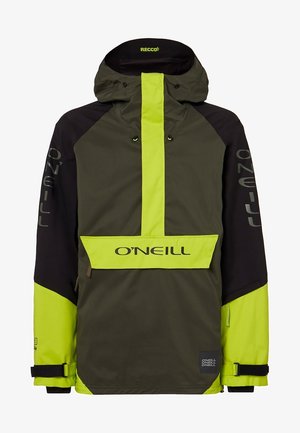 Giacca a cappuccio verde e nera con striscia verticale gialla neon, logo O'Neill sulla tasca anteriore e sulle maniche, cinturini ai polsi regolabili e etichetta RECCO.