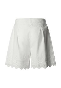 Weiße Shorts mit hoher Taille, gezacktem Saum und floraler Lochstickerei am unteren Rand.