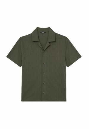 Kurzärmliges Hemd mit Kragen in dunkelolivgrün, mit strukturiertem Muster und fünf braunen Knopfverschlüssen auf der Vorderseite.