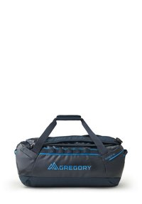 Duffle bag in dark blue fabric with a textured finish. Features dual carrying handles and a front zipper pocket with blue accents.