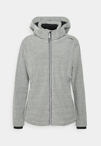 Kapuzenshirt mit einem strukturierten grau-weißen Muster, Reißverschluss vorne und taillierten Bündchen. Verfügt über einen gepolsterten Kragen und ein schwarzes Innenfutter.